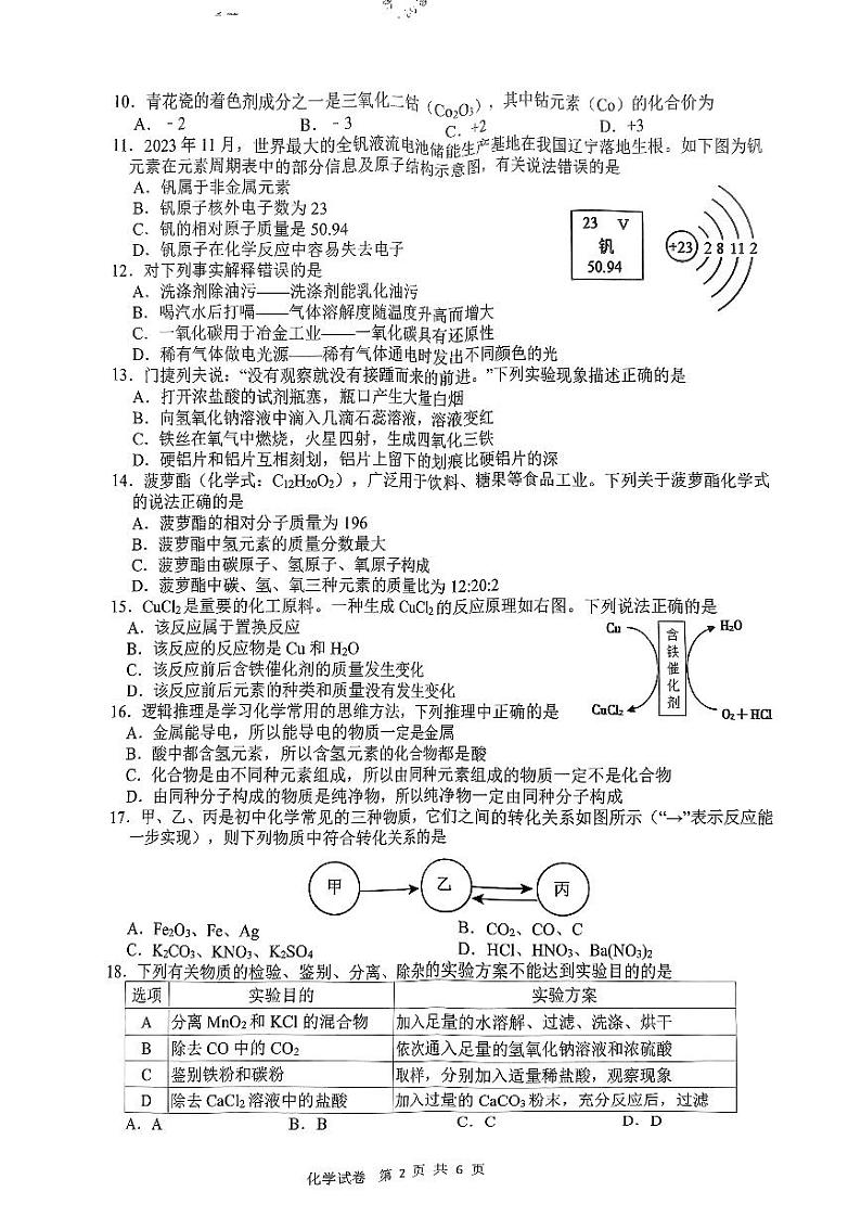 2024年广西南宁市良庆区、西乡塘区中考二模化学试题02