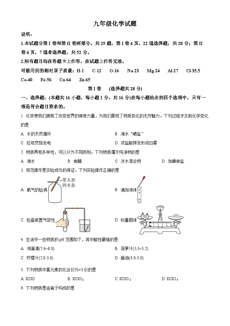 2024年山东省青岛市西海岸新区中考二模化学试题（原卷版）第1页