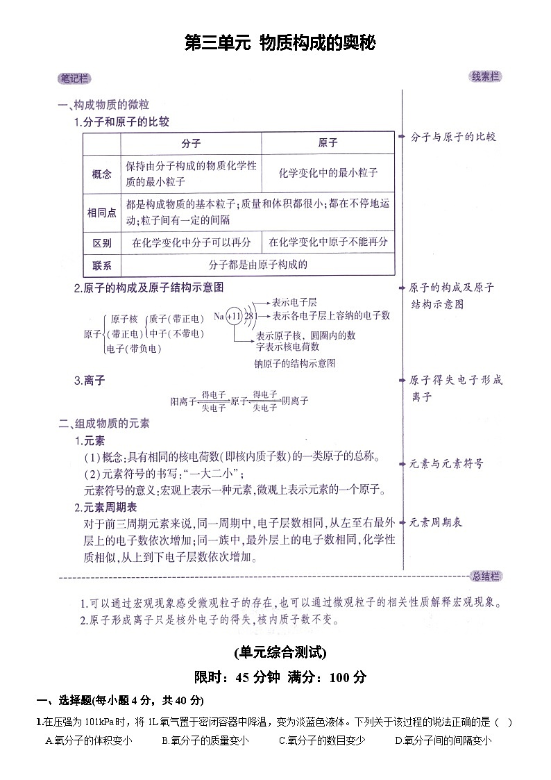 化学（人教版）九上素养分层提升练：第三单元  物质构成的奥秘第1页