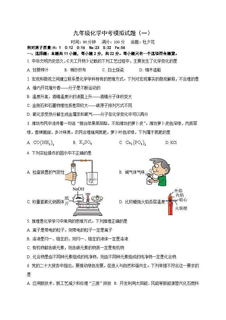 2024年山东省潍坊市中考模拟化学试题（一）01