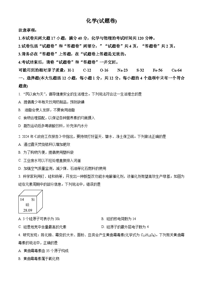 2024年安徽省六安市霍邱县中考模拟预测化学试题（原卷版+解析版）01