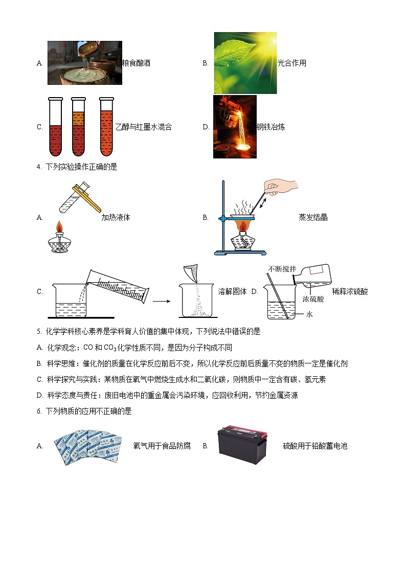 2024年哈尔滨市双城区九年级中考一模综合试卷 -初中化学（原卷版）第2页