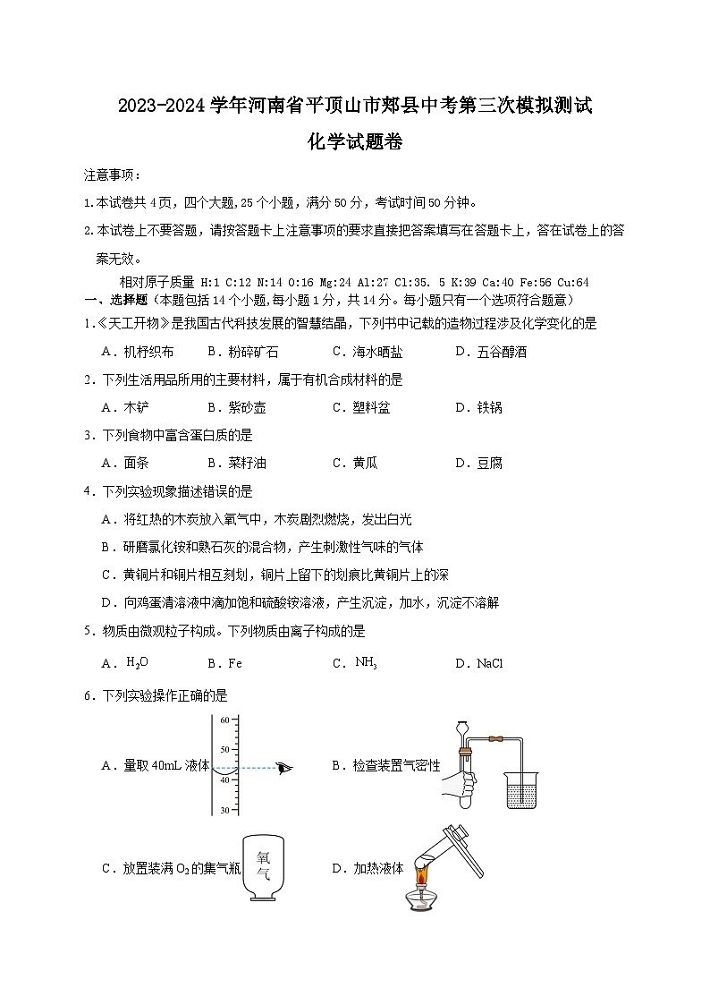 2024年河南省平顶山市郏县中考第三次模拟测试化学试题第1页