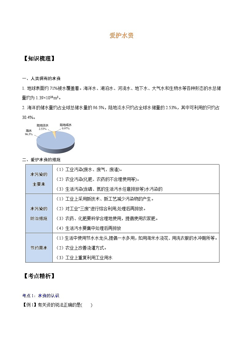 【暑期领先学】化学九年级知识讲练：第10讲   爱护水资源（教师版）第1页