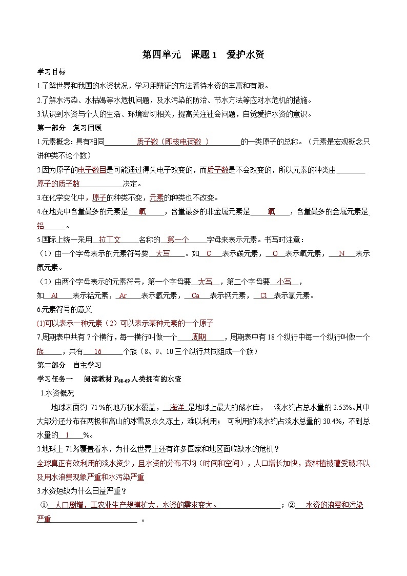 初三化学暑假自主预习精品学案：12  爱护水资源第1页