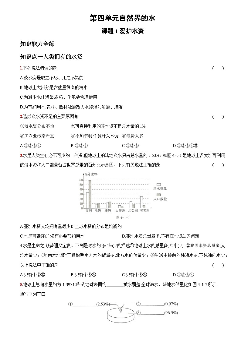 人教版九年级化学上册同步提优精练：4.1爱护水资源第1页
