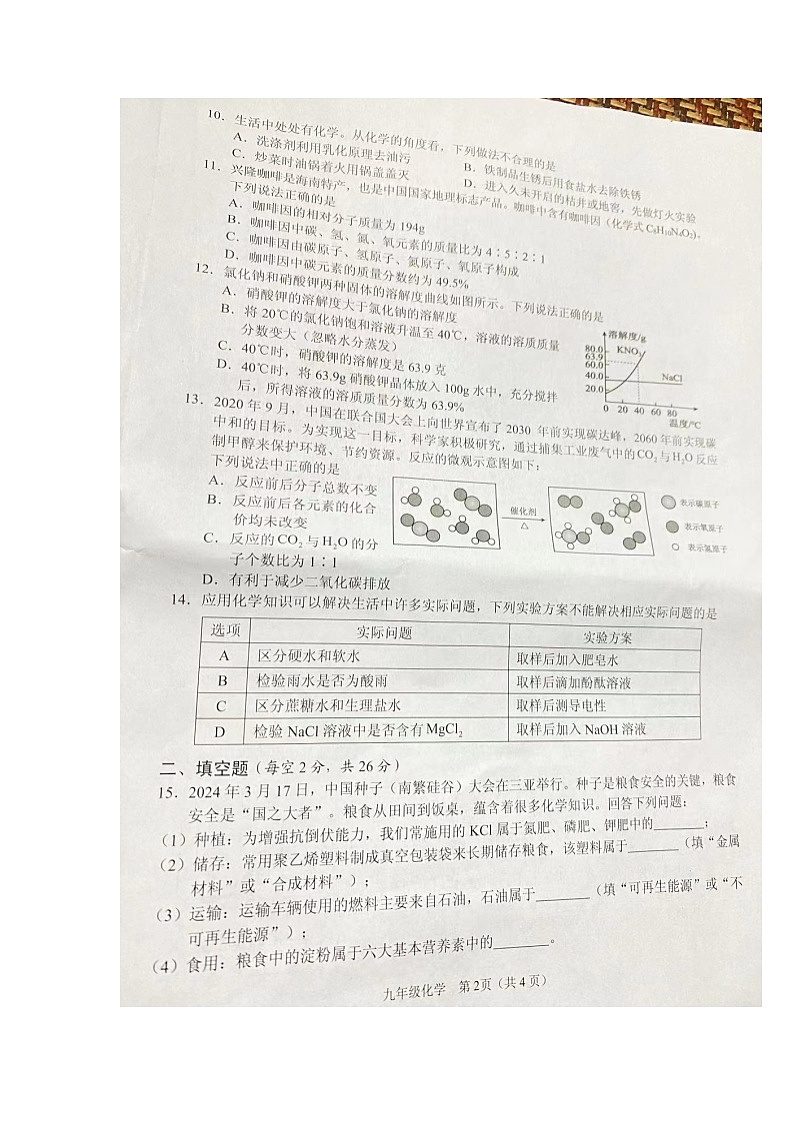 2024年海南省三亚市中考化学一模试题第2页