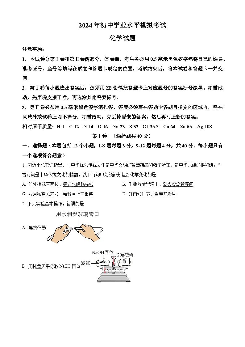 2024年山东日照岚山区中考二模化学试题（原卷版）第1页