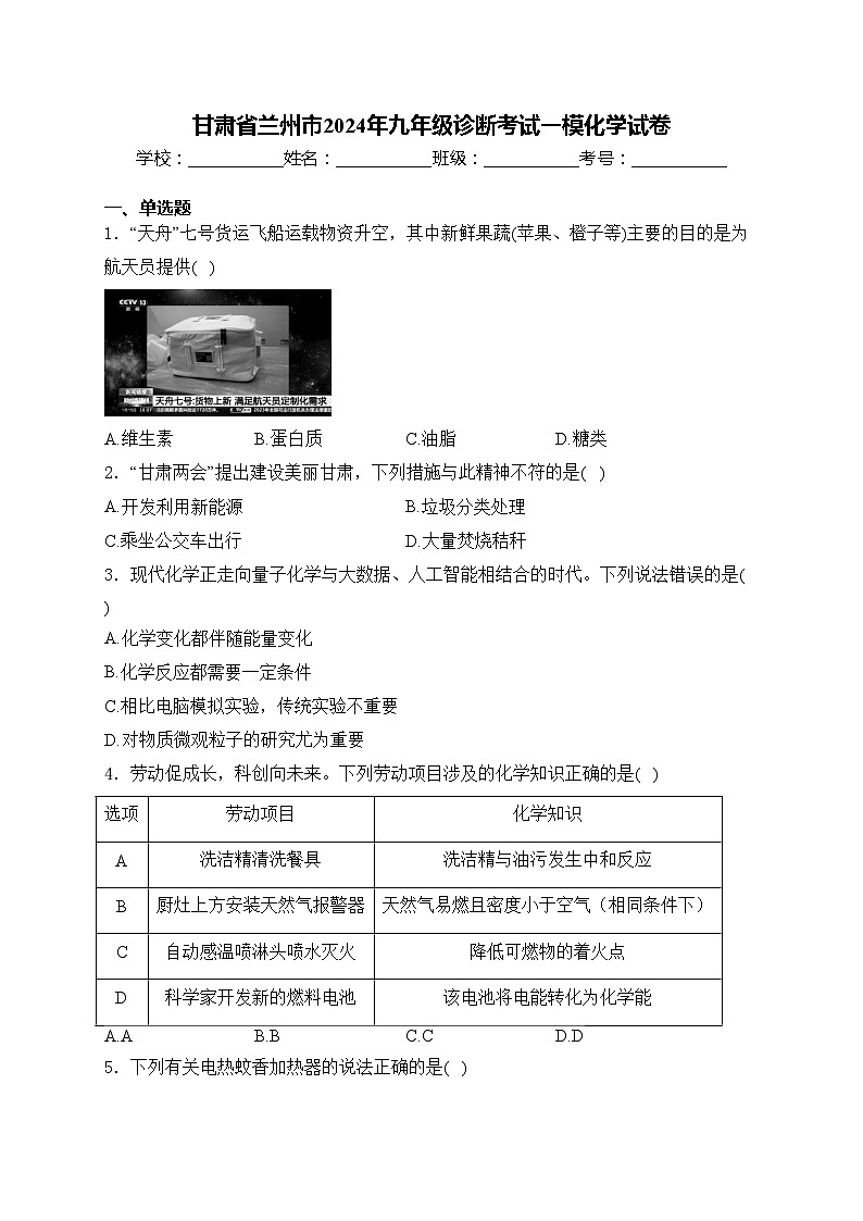 甘肃省兰州市2024年九年级诊断考试一模化学试卷(含答案)01