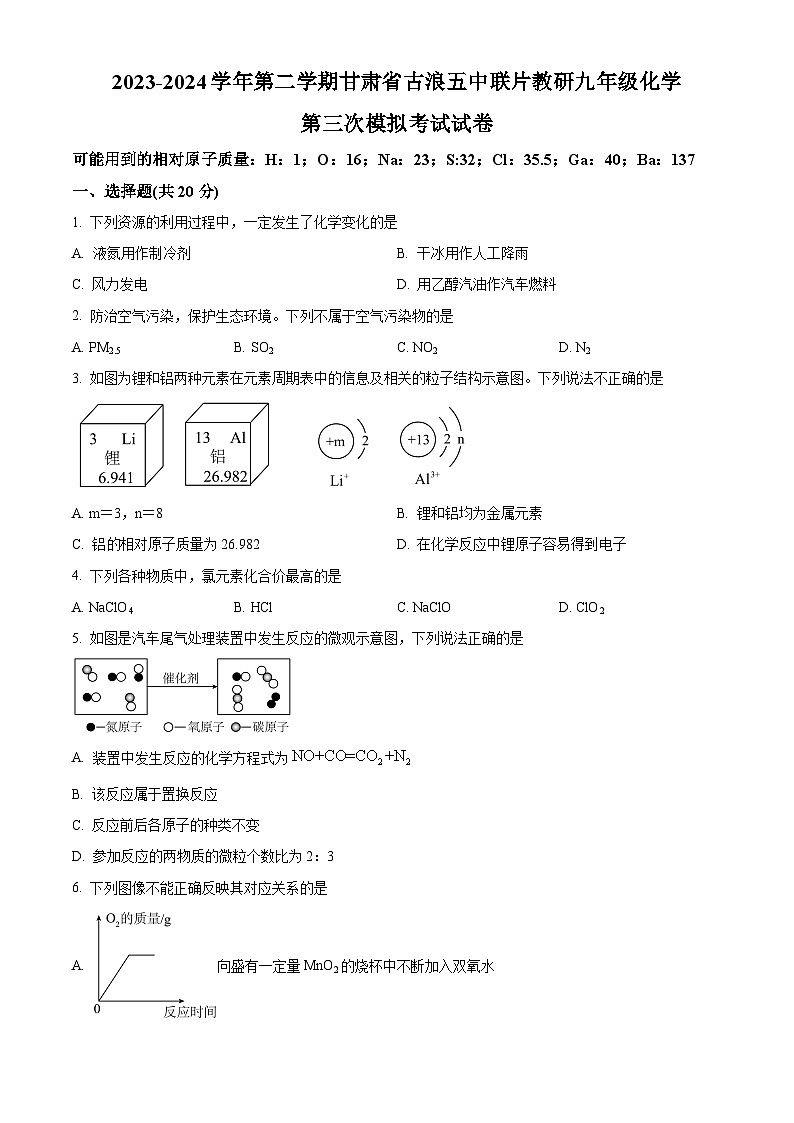 2024年甘肃省武威市古浪县第五中学联片教研中考三模化学试题（原卷版）第1页