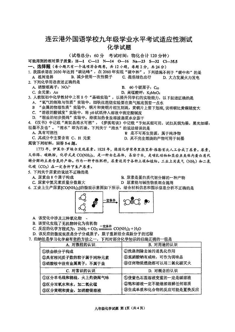 2024年江苏省连云港市外国语学校中考二模化学试卷第1页
