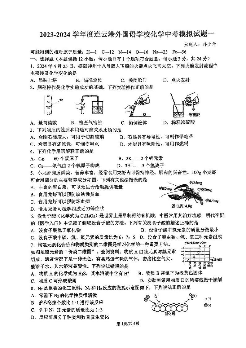 2024年江苏省连云港市外国语学校中考化学模拟试卷一第1页