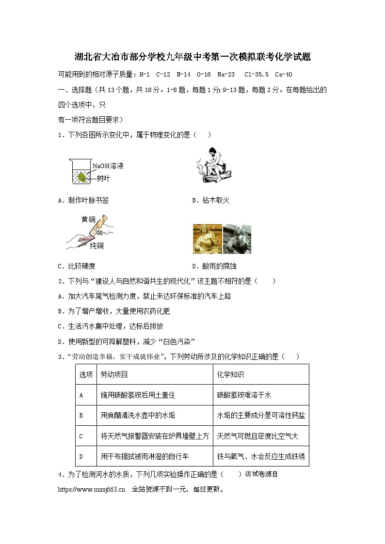 2024年湖北省大冶市部分学校中考第一次模拟联考化学试题01