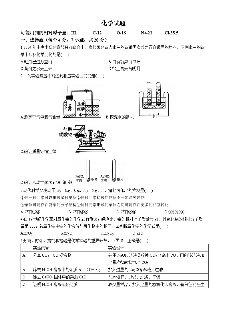 2024年四川省资阳市雁江区初中学业水平适应性考试（一模）化学试题(无答案)01