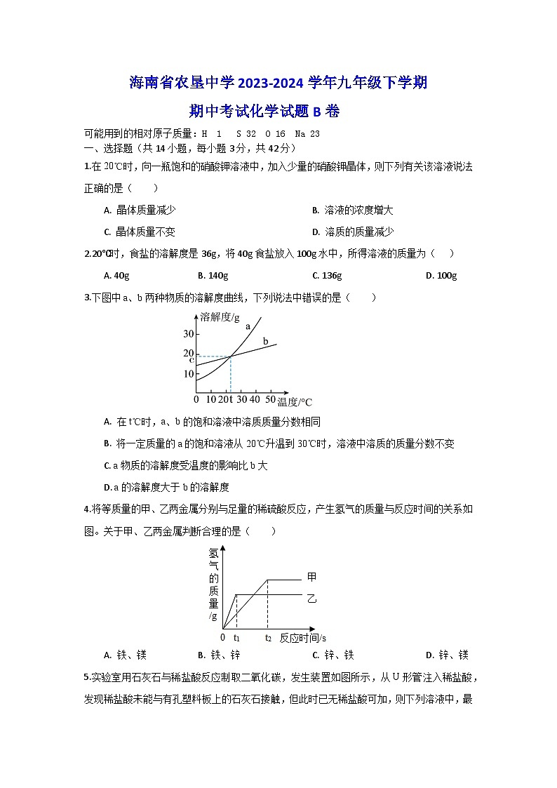 09，海南省海口市农垦中学2023-2024学年九年级下学期期中考试化学试题B卷01