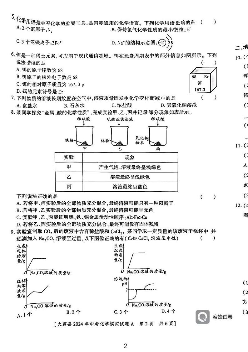 2024年陕西省渭南市大荔县初中学业水平考试化学模拟试题02