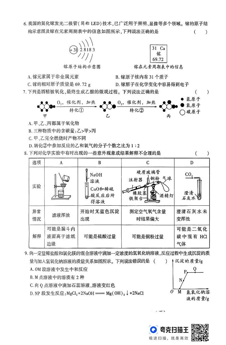 2024年陕西省汉中市西乡县初中学业水平考试化学信息卷（B）02