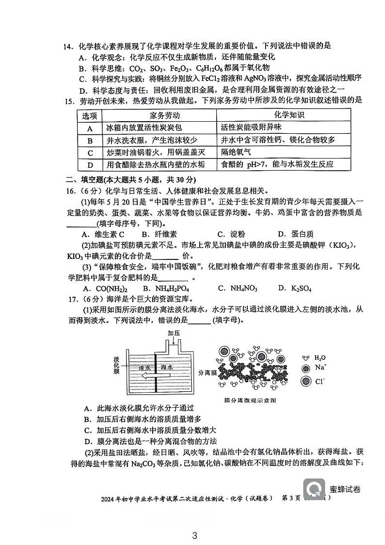 2024年湖南省永州市中考二模化学试题第3页