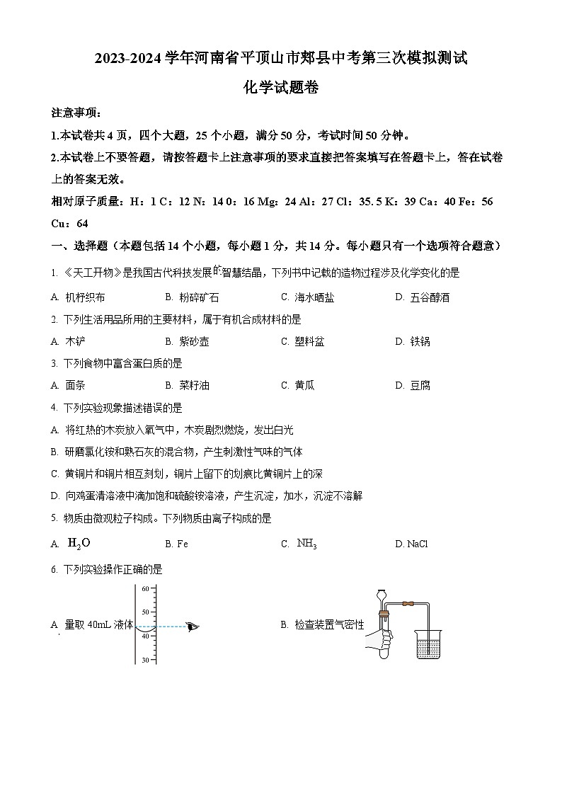 2024年河南省平顶山市郏县中考第三次模拟测试化学试题（原卷版）第1页