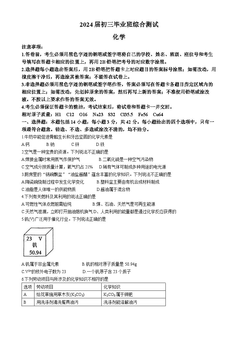 2024年广东省广州市天河区中考化学二模试卷(无答案)01