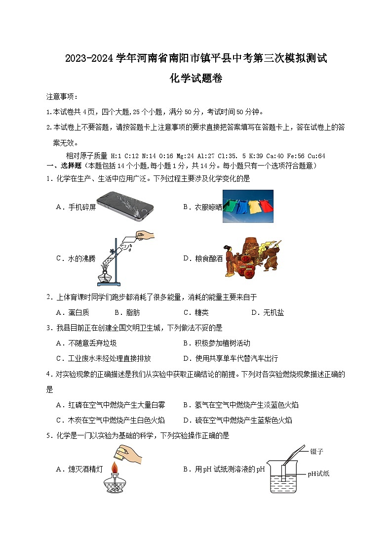 2024年河南省南阳市镇平县中考第三次模拟测试化学试题01
