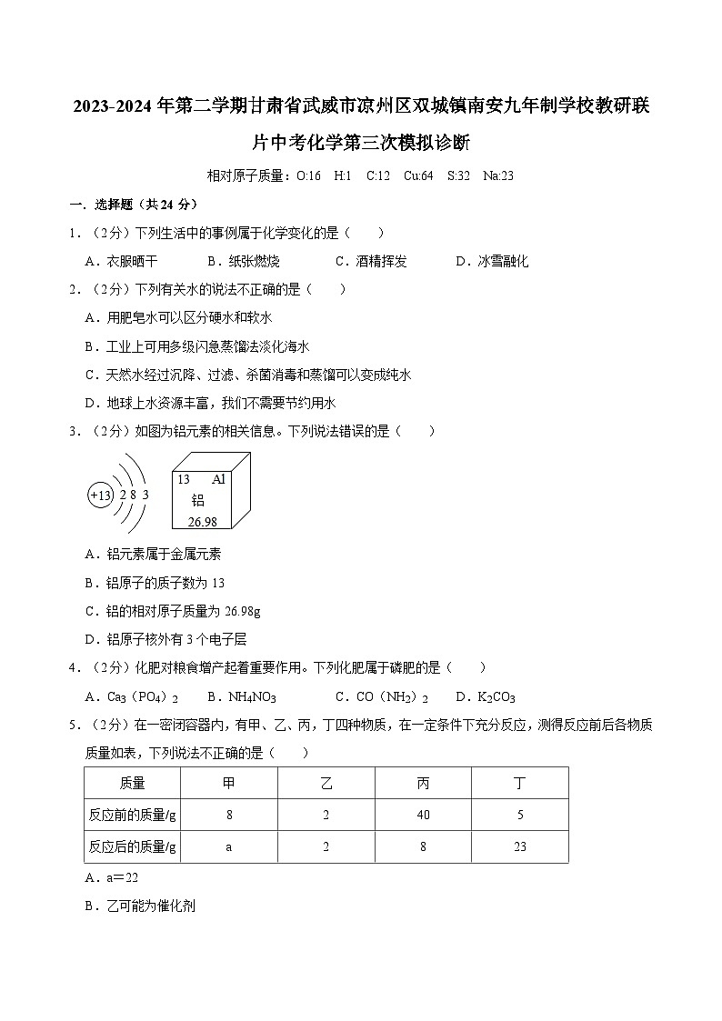 2024年甘肃省武威市南安教研联片中考三模化学试题01