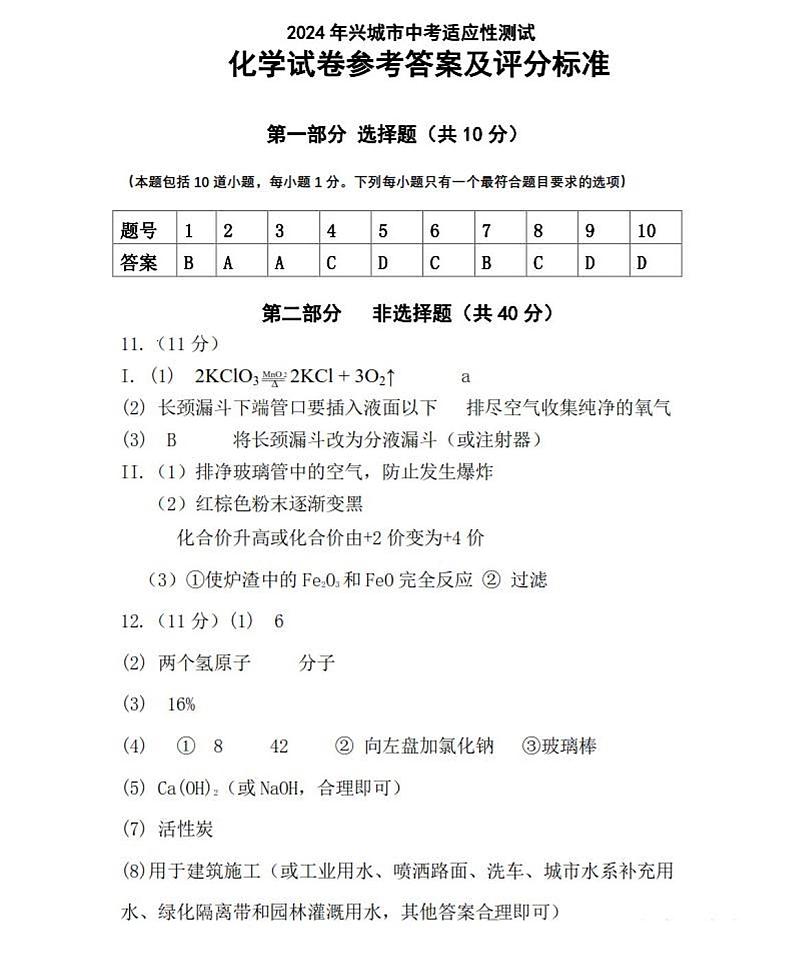 2024年辽宁省兴城市中考适应性模拟考试化学试卷01
