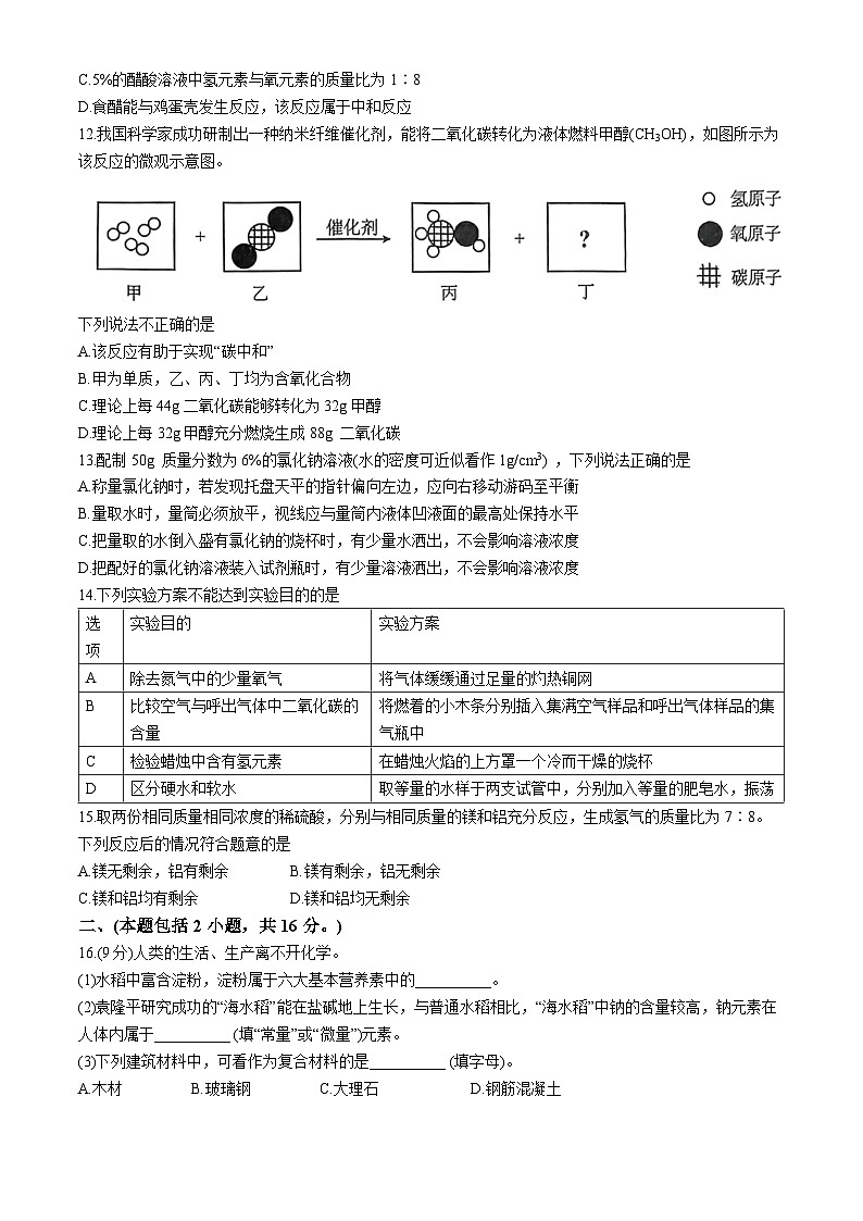 2024年江苏省南京市秦淮区中考二模考试化学试题(无答案)03