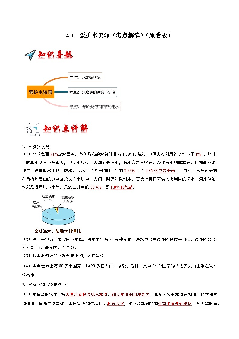 2024年人教版化学九年级上册4.1 爱护水资源（考点解读）（原卷版+解析版）01