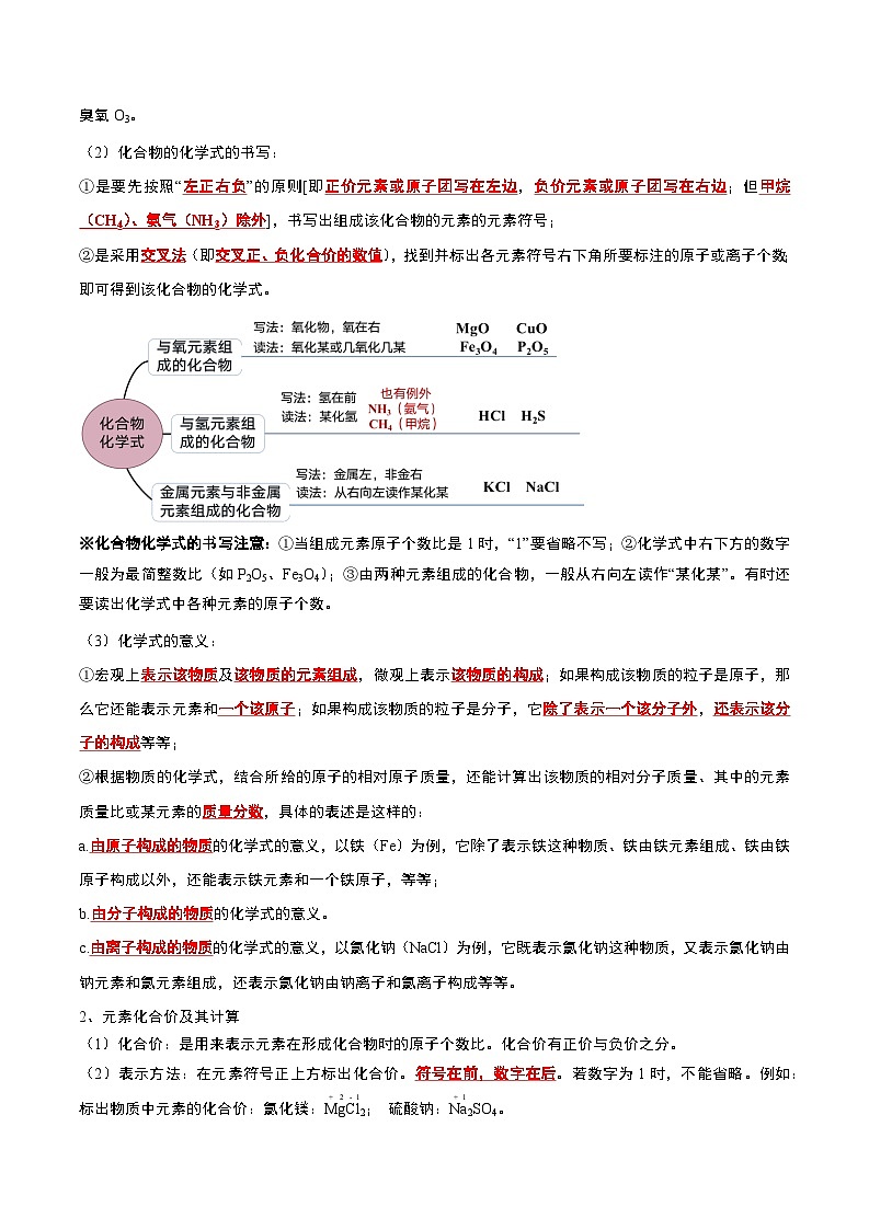 2024年人教版化学九年级上册4.4 化学式与化合价（第1课时）（考点解读）（原卷版+解析版）02