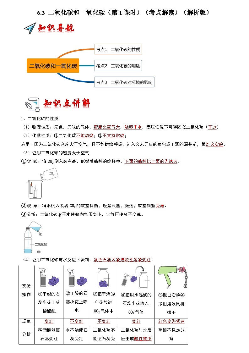 6.3 二氧化碳和一氧化碳（第1课时）（考点解读）（解析版）第1页