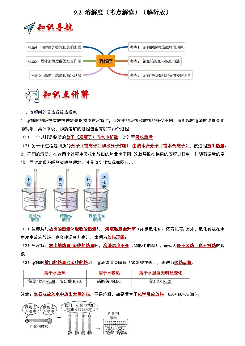 2024年人教版化学九年级下册9.2 溶解度（考点解读）（原卷版+解析版）01