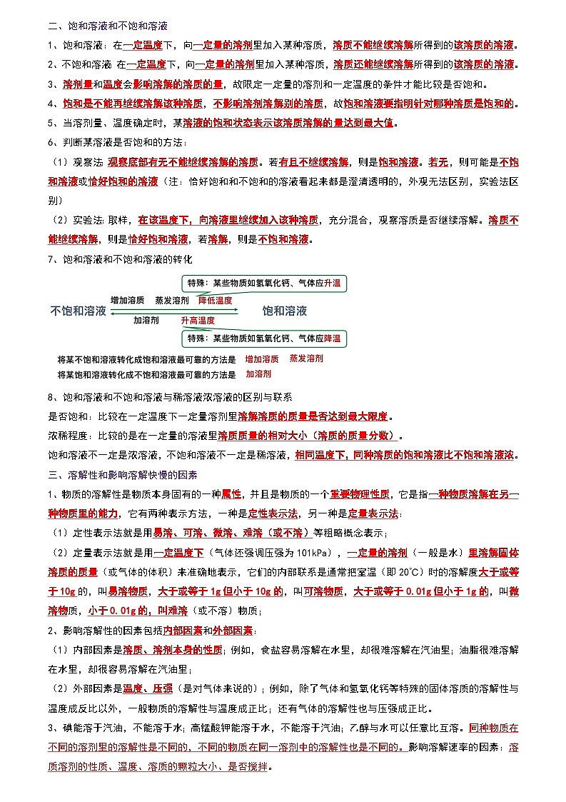 2024年人教版化学九年级下册9.2 溶解度（考点解读）（原卷版+解析版）02