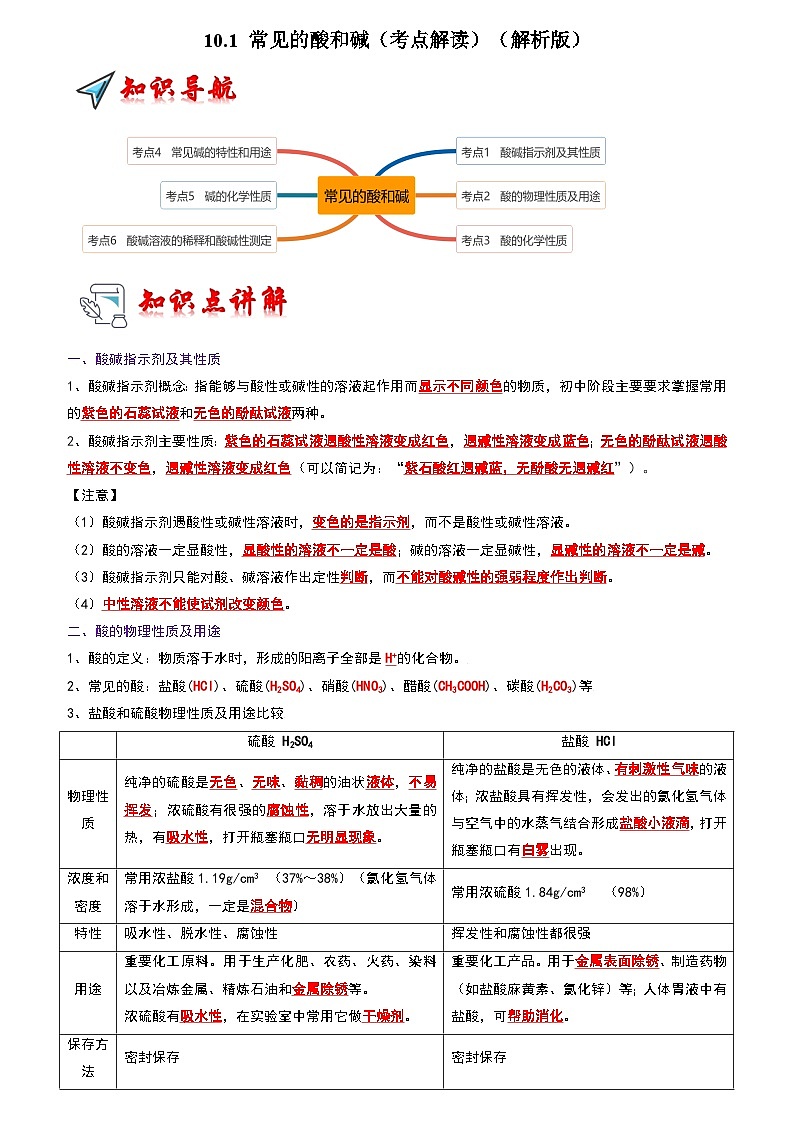 10.1 常见的酸和碱（考点解读）（解析版）第1页