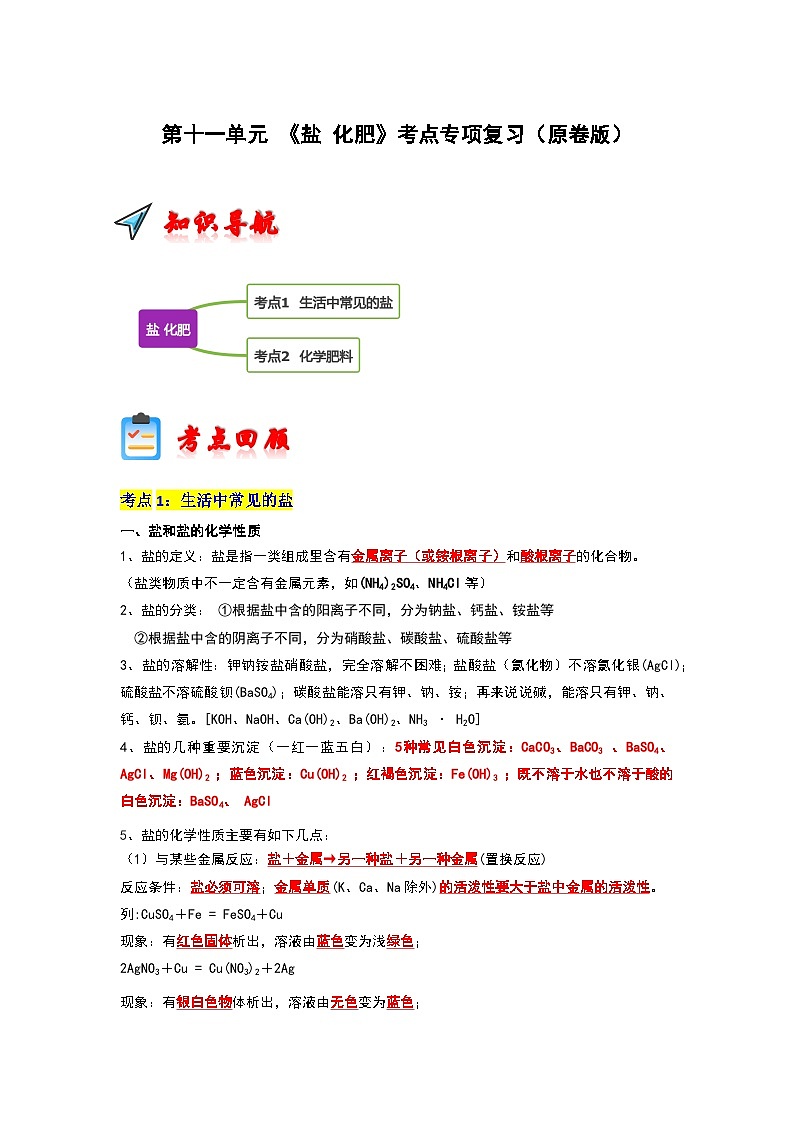 第11单元  盐 化肥（考点复习）（原卷版）第1页