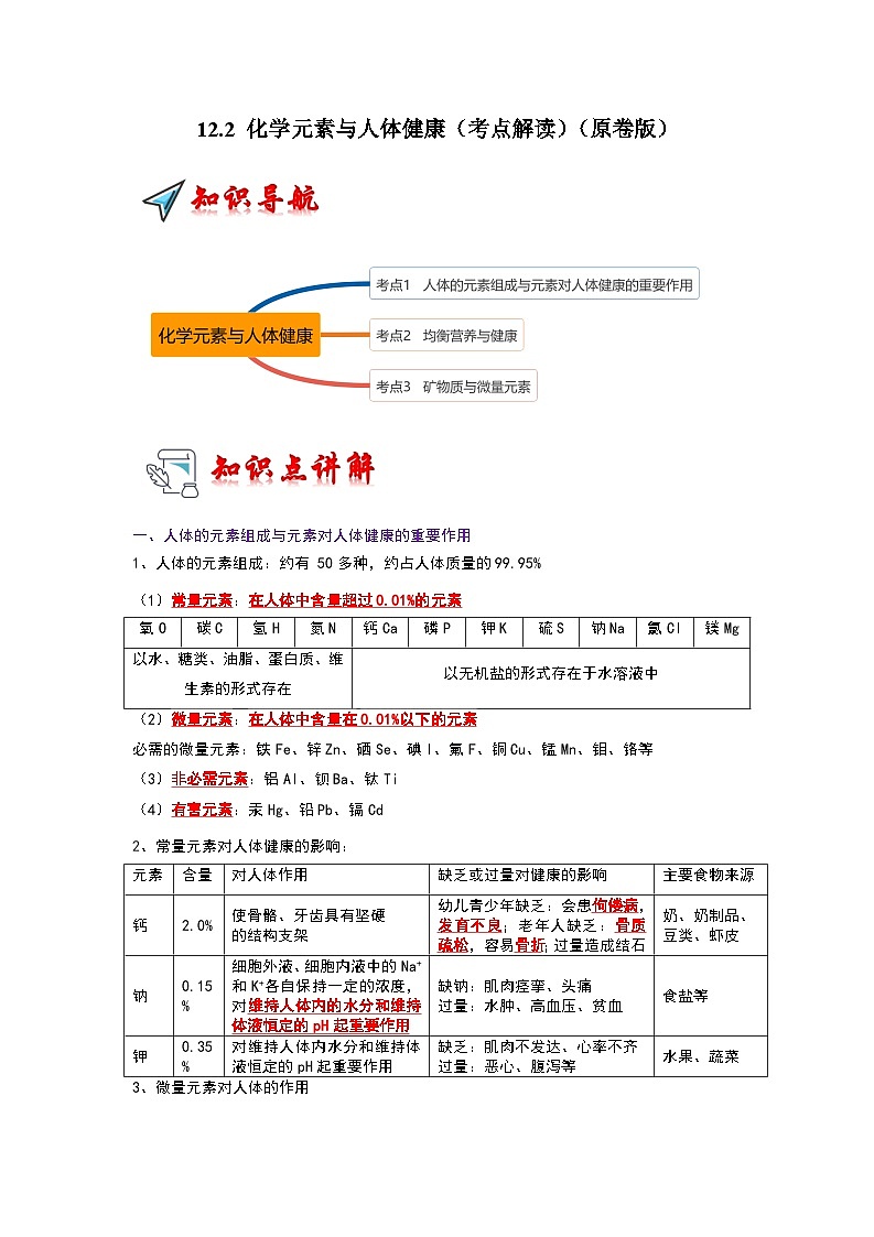 2024年人教版化学九年级下册12.2 化学元素与人体健康（考点解读）（原卷版+解析版）01