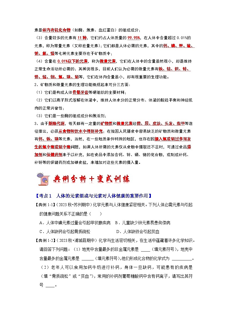 2024年人教版化学九年级下册12.2 化学元素与人体健康（考点解读）（原卷版+解析版）03