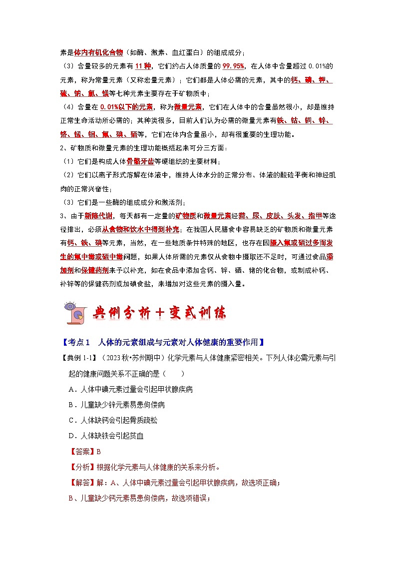 2024年人教版化学九年级下册12.2 化学元素与人体健康（考点解读）（原卷版+解析版）03