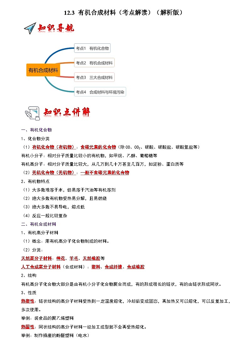 2024年人教版化学九年级下册12.3 有机合成材料（考点解读）（原卷版+解析版）01