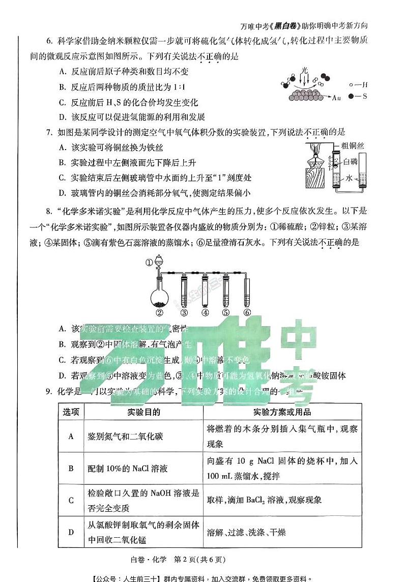 2024年陕西中考《黑白卷》化学白卷第2页