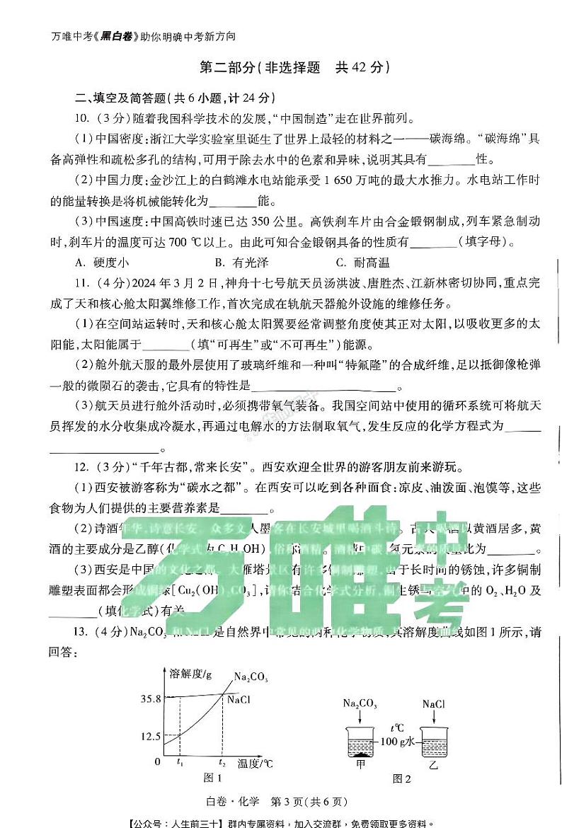 2024年陕西中考《黑白卷》化学白卷第3页