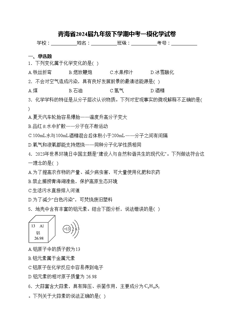 青海省2024届九年级下学期中考一模化学试卷(含答案)01