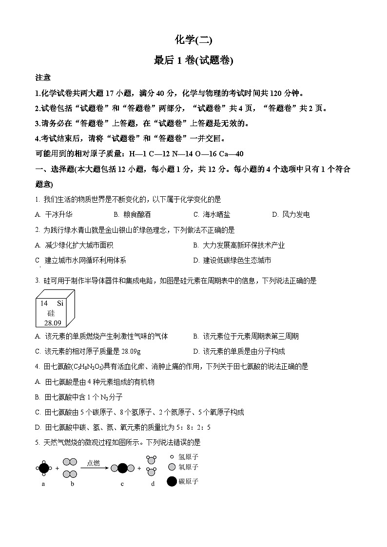 2024年安徽省合肥市多校联考九年级最后一卷（二模）化学试题（原卷版+解析版）01