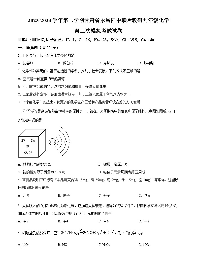 2024年甘肃省金昌市第永昌四中学联片教研中考三模化学试题（原卷版）第1页