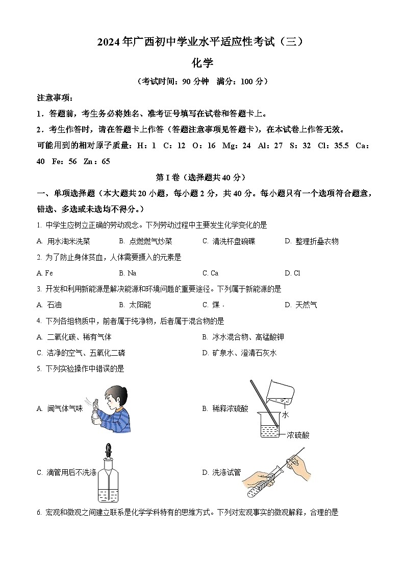 2024年广西来宾市中考第三次模拟考试化学试卷（原卷版）第1页
