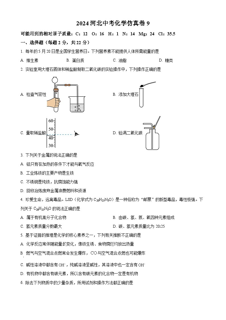 2024年河北省中考化学仿真卷9（原卷版+解析版）01