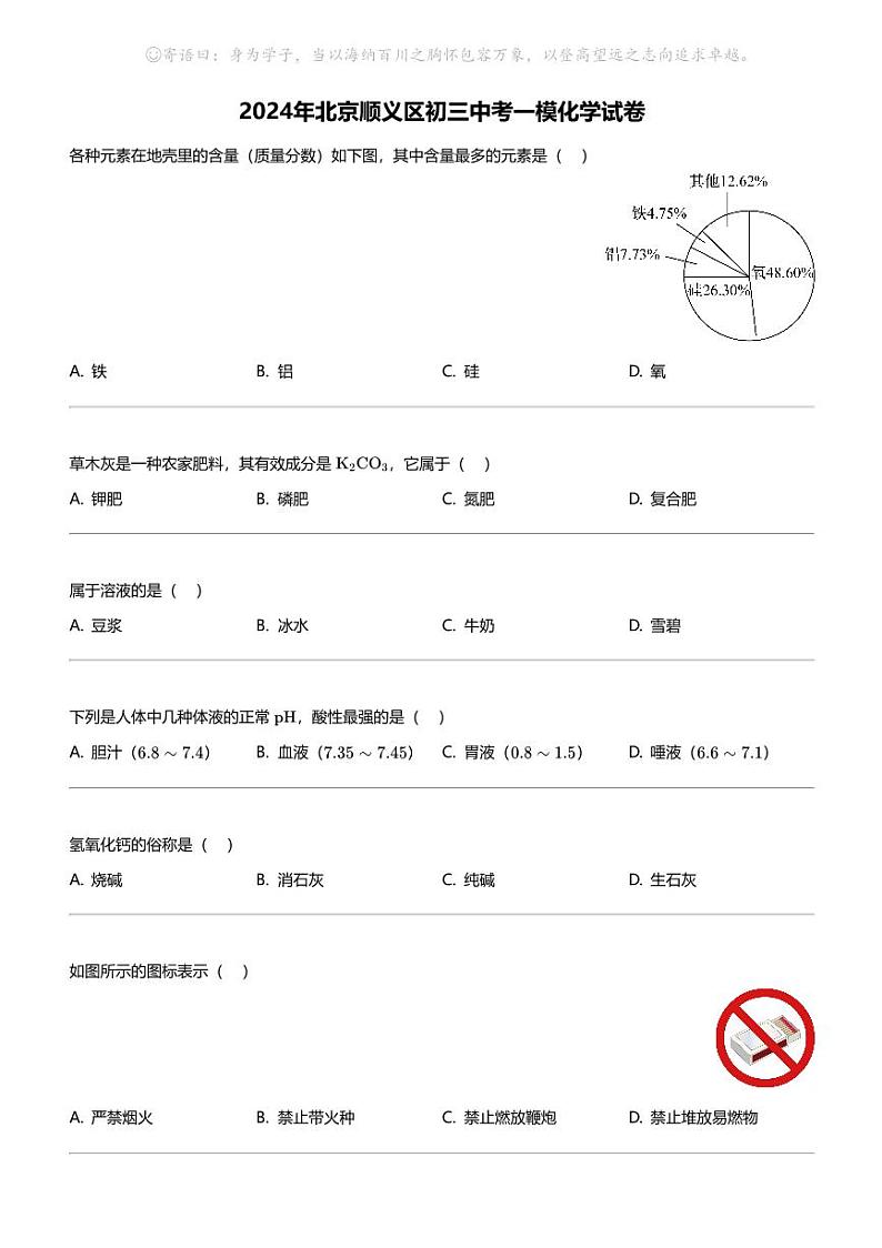 2024年北京顺义区初三中考一模化学试卷01