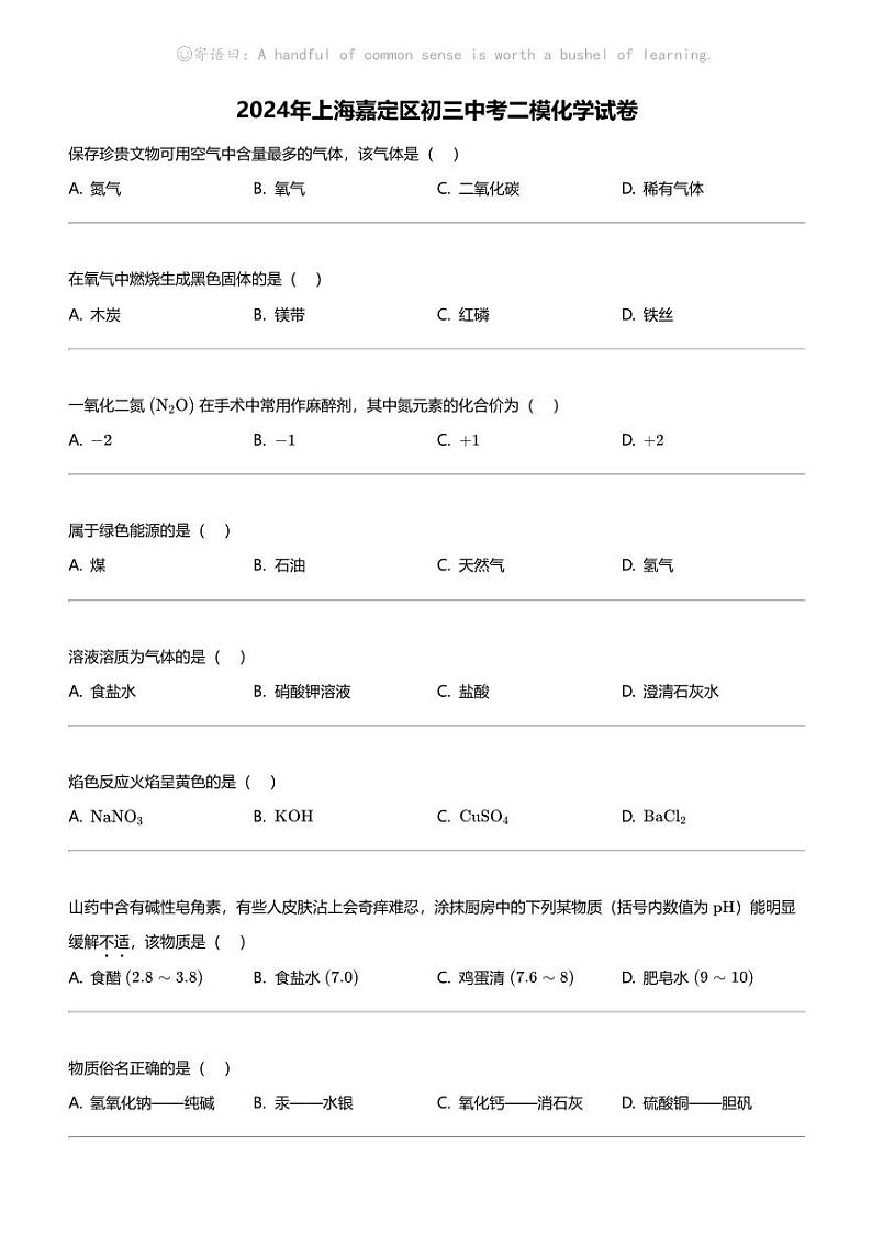 2024年上海嘉定区初三中考二模化学试卷第1页