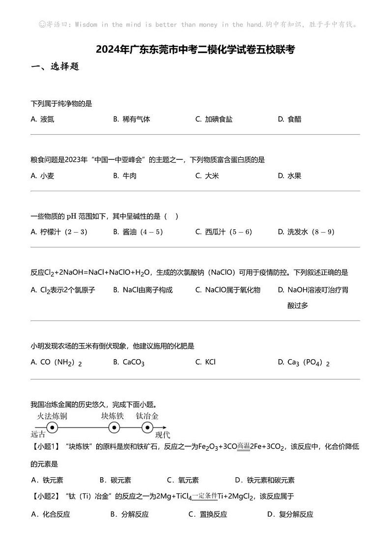 2024年广东东莞市中考二模化学试卷五校联考01