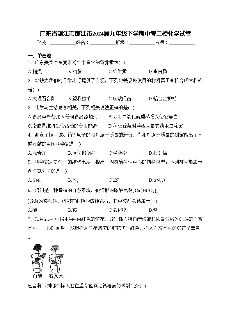 广东省湛江市廉江市2024届九年级下学期中考二模化学试卷(含答案)01